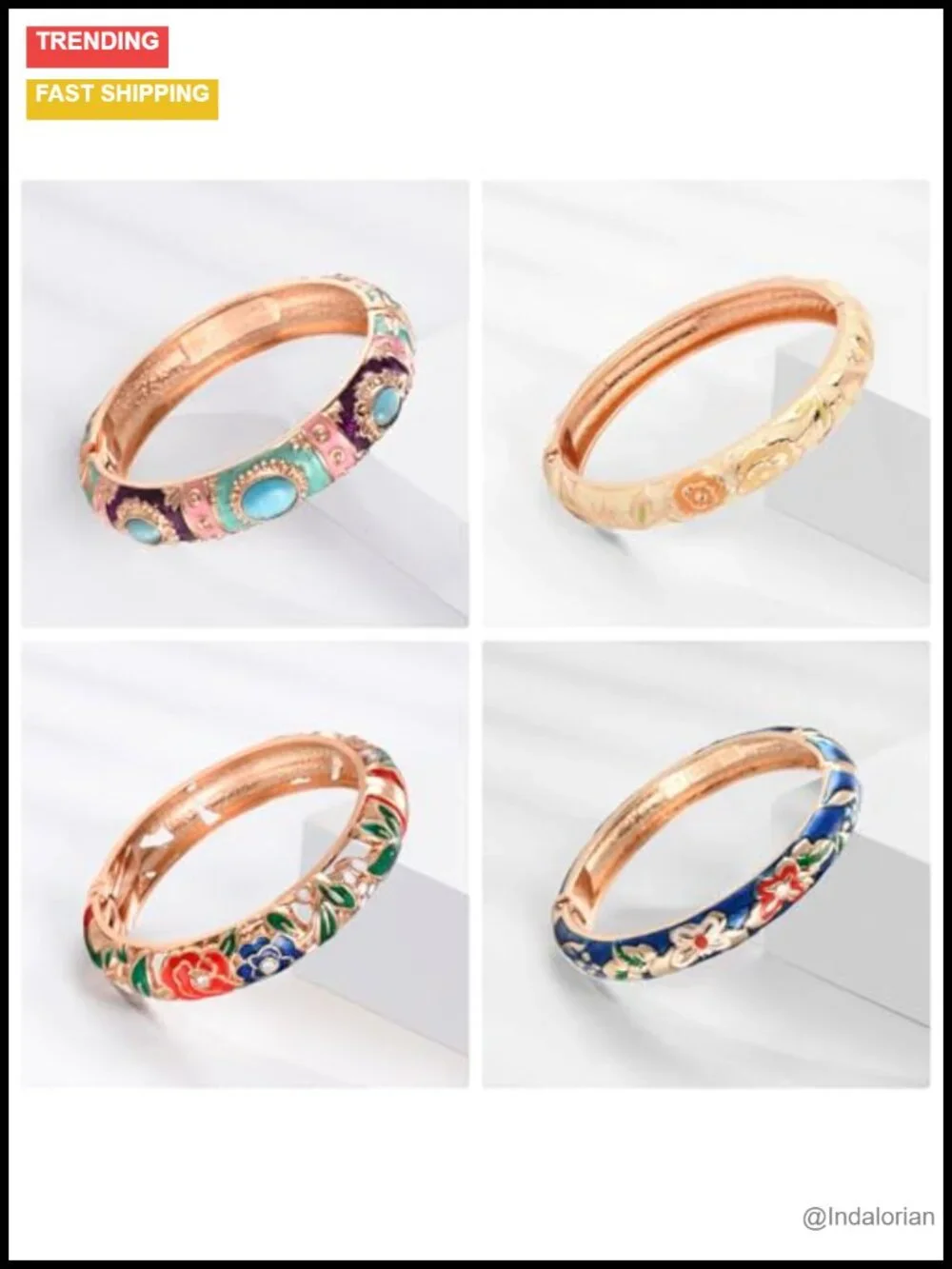 Set of 10 Cloisonne Enamel Bangle Bracelets Flower Engraved Alloy Gift Boxed